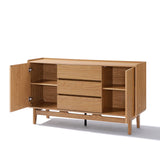 The Eric oak finish 55 wide sideboard by LuxenHome is a mid-century modern piece featuring open cabinet doors, two central drawers, and a minimalist design with clean lines and tapered legs.