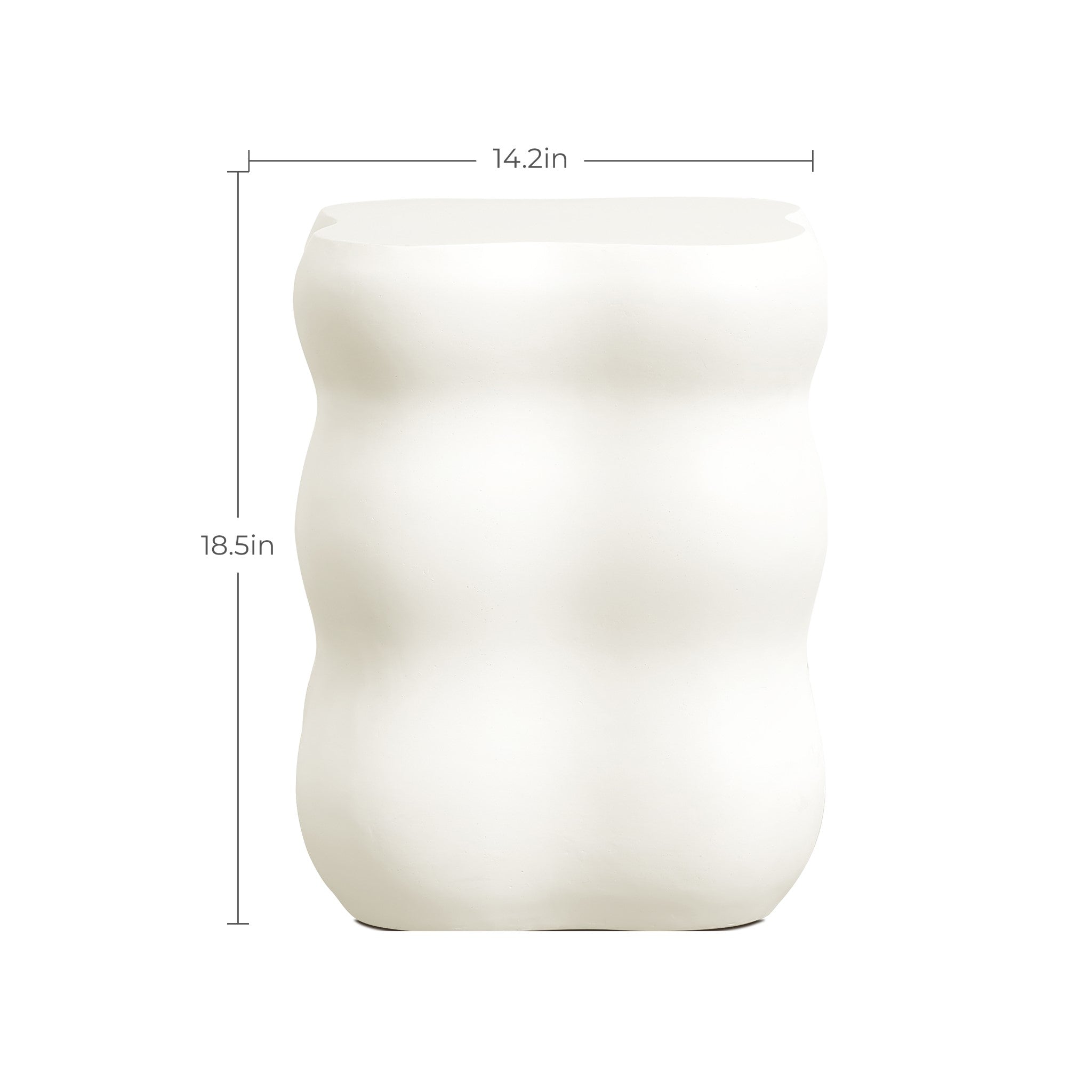 White wavy ceramic vase with dimensions: 14.2 inches wide and 18.5 inches tall, perfect for accentuating modern home furnishings.