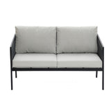 This gray cushioned two-seater sofa, part of an elegant outdoor conversation set, features a sturdy black steel frame with armrests—perfect for your patio.