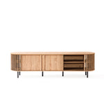 Sleek wooden sideboard with a mid-century modern TV cabinet flair, showcasing vertical slats on the sides. It features an elegant sliding door design and open shelving, all perched on black metal legs, set against a pristine white background.