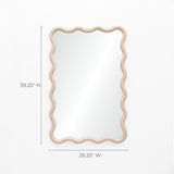 Decorative wall mirror with a wavy wooden border and a pine wood finish, measuring 39.25 inches in height and 26.25 inches in width, set against a plain white background.