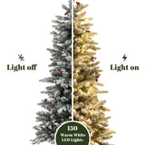5ft Pre-Lit LED Artificial Flocked Slim Fir Christmas Tree with Metal Pot and Red Holly Berries