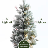 3Ft Pre-Lit Artificial Flocked Pine Christmas Tree with Pine Cones, Berries, and Metal Pot