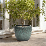 Antique Green Ceramic Planter Pot with Textured Surface, Round Flower Pots for Plants 14'' Dia