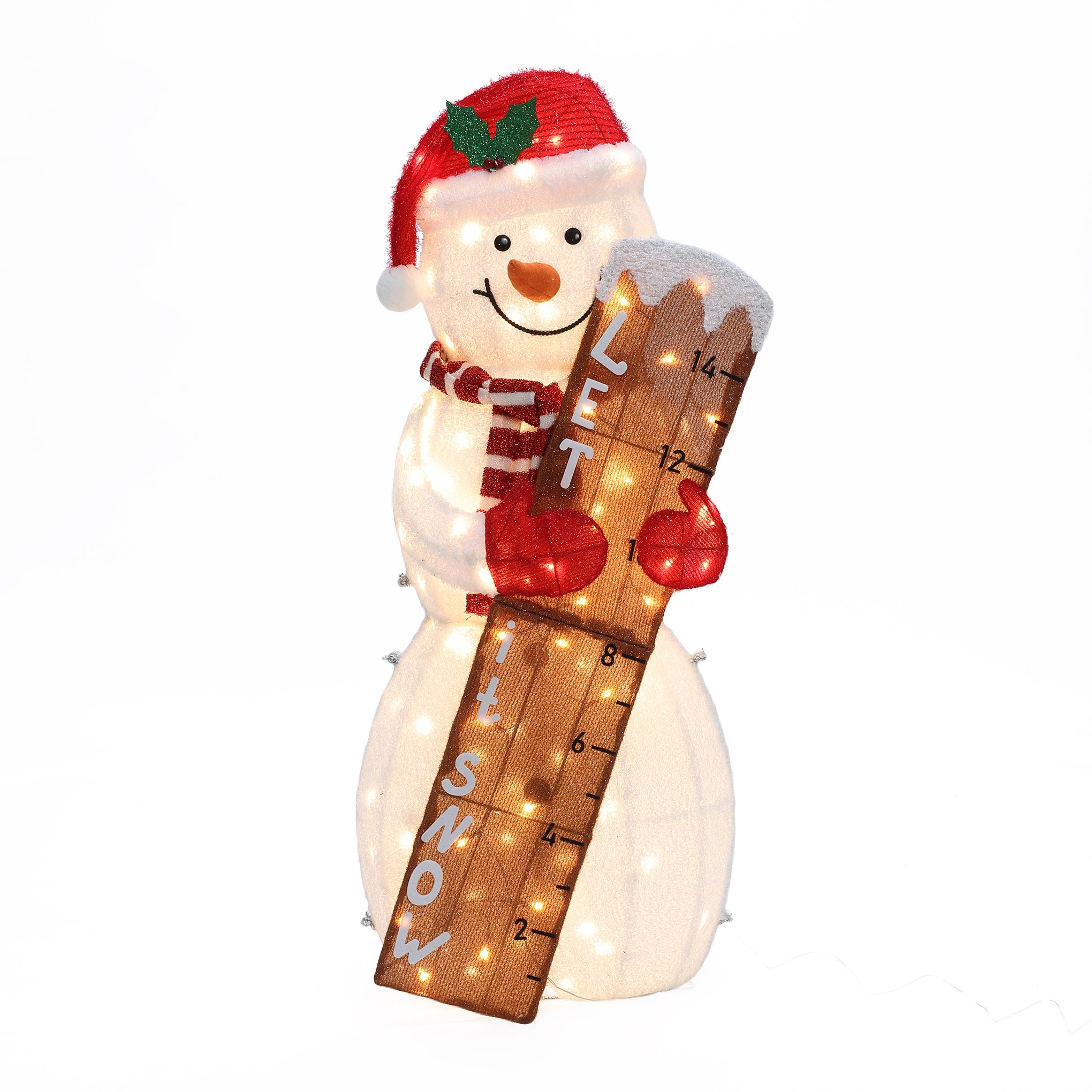 A charming Snowman Outdoor Holiday Decoration wears a red hat and scarf, holding a vertical snow gauge marked in inches with LET IT SNOW—perfect as a lighted display for festive yard holiday decor.