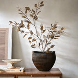 A decorative plant with slender branches and oval leaves sits in a LuxenHome large dark brown textured resin round planter on wood. Nearby, a minimalist frame leans against a beige wall, while a small pedestal tray is placed atop stacked books.