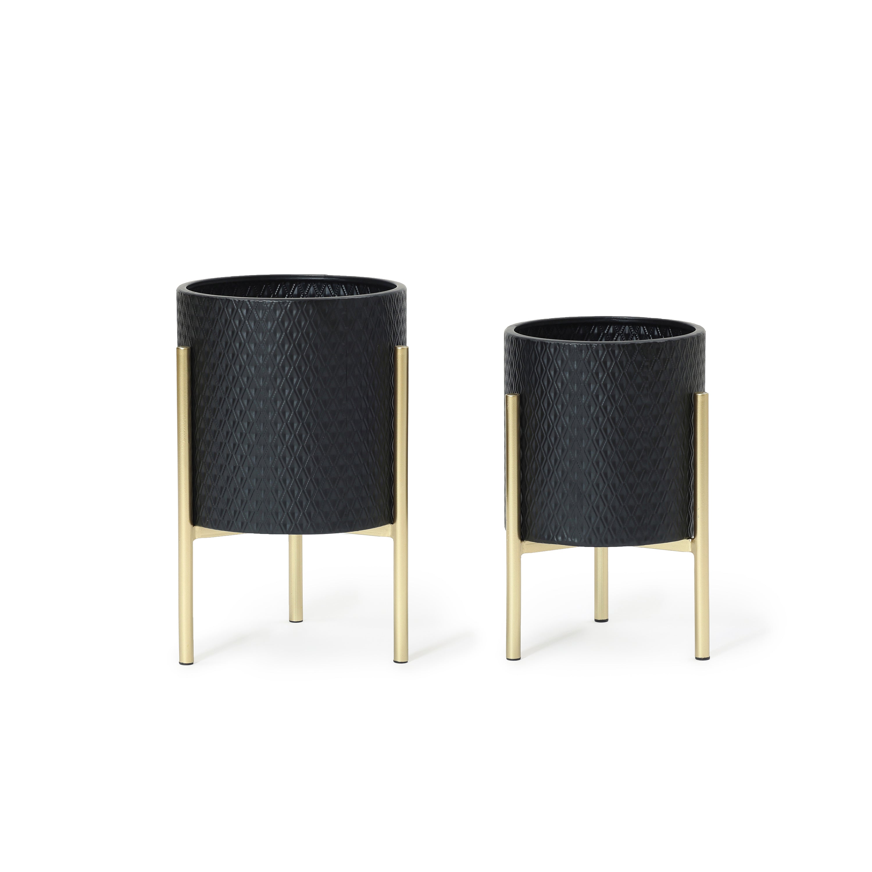 metal indoor planter LuxenHome 2-Piece Diamond Pattern Round Metal Cachepot Planter Set, Black with Gold Stands