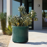 Jade green ribbed glazed round ceramic planter, 11.81" h