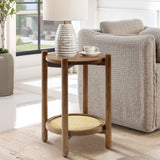 A wooden side table crafted from pine and MDF wood with a chestnut finish features a white striped vase and a cup, perfectly complementing the gray sofa in the bright room.