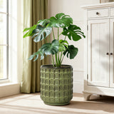 Tall Ceramic Planter Pot for Indoor Outdoor Plants with Drainage Hole, Green 14''