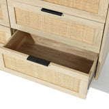 close up to the inside of a rattan dresser drawer