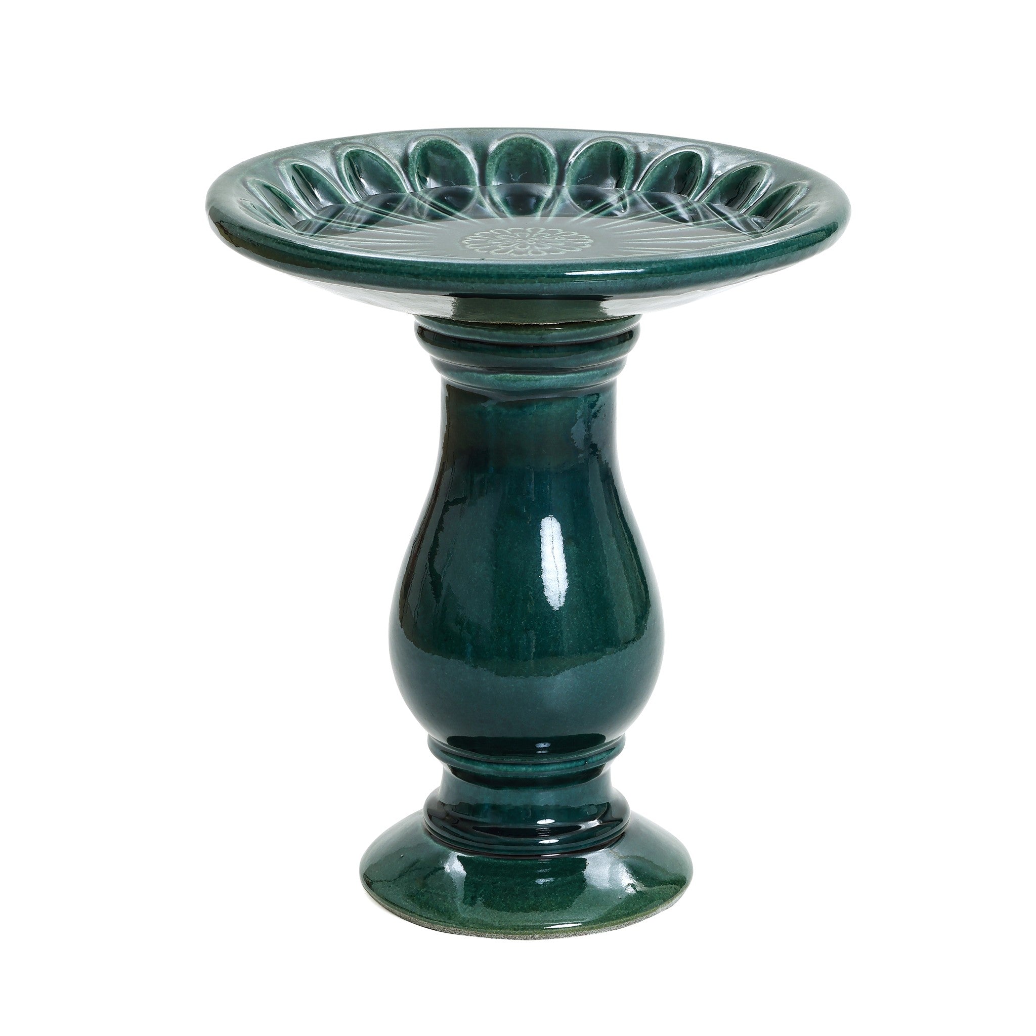 A charming green ceramic birdbath with a fluted bowl and elegant pedestal base, perfect for adding a touch of elegance to your outdoor space.