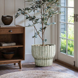 Green Ribbed Planter Pot, Vintage Fluted Plant Pot with Drainage 16.1'' Dia