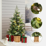 Pre-Lit Green Christmas Pine Tree with Wood Pot,3.9Ft