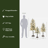 Pre-Lit Green Christmas Tree with Lights Faux Snow- Set of 3