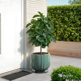 Jade Green Large Round Ceramic Planter with Attached Saucer, Glazed Indoor Outdoor Planter Pot 14.2'' Dia