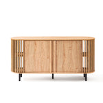This mid-century modern buffet cabinet features an oak wood grain finish, rounded edges, vertical slats, and sturdy black metal legs. It boasts two sliding front doors, making it a stylish and functional decorative cabinet for any space.