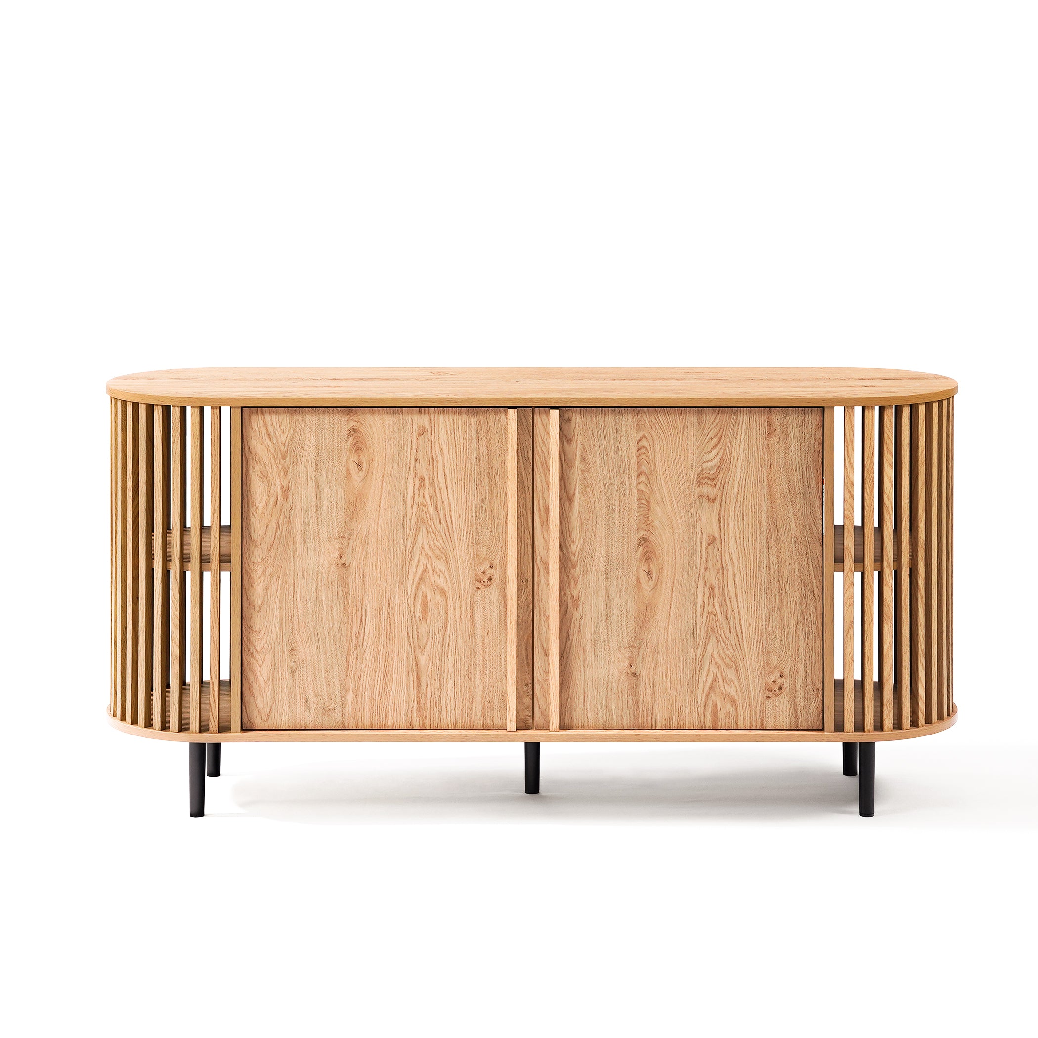 This mid-century modern buffet cabinet features an oak wood grain finish, rounded edges, vertical slats, and sturdy black metal legs. It boasts two sliding front doors, making it a stylish and functional decorative cabinet for any space.