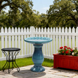 Blue-Green Glazed Outdoor Ceramic Pedestal Bird bath, 26.5"