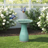 Green Outdoor Ceramic Birdbath with Peacock Feather Design, 20''