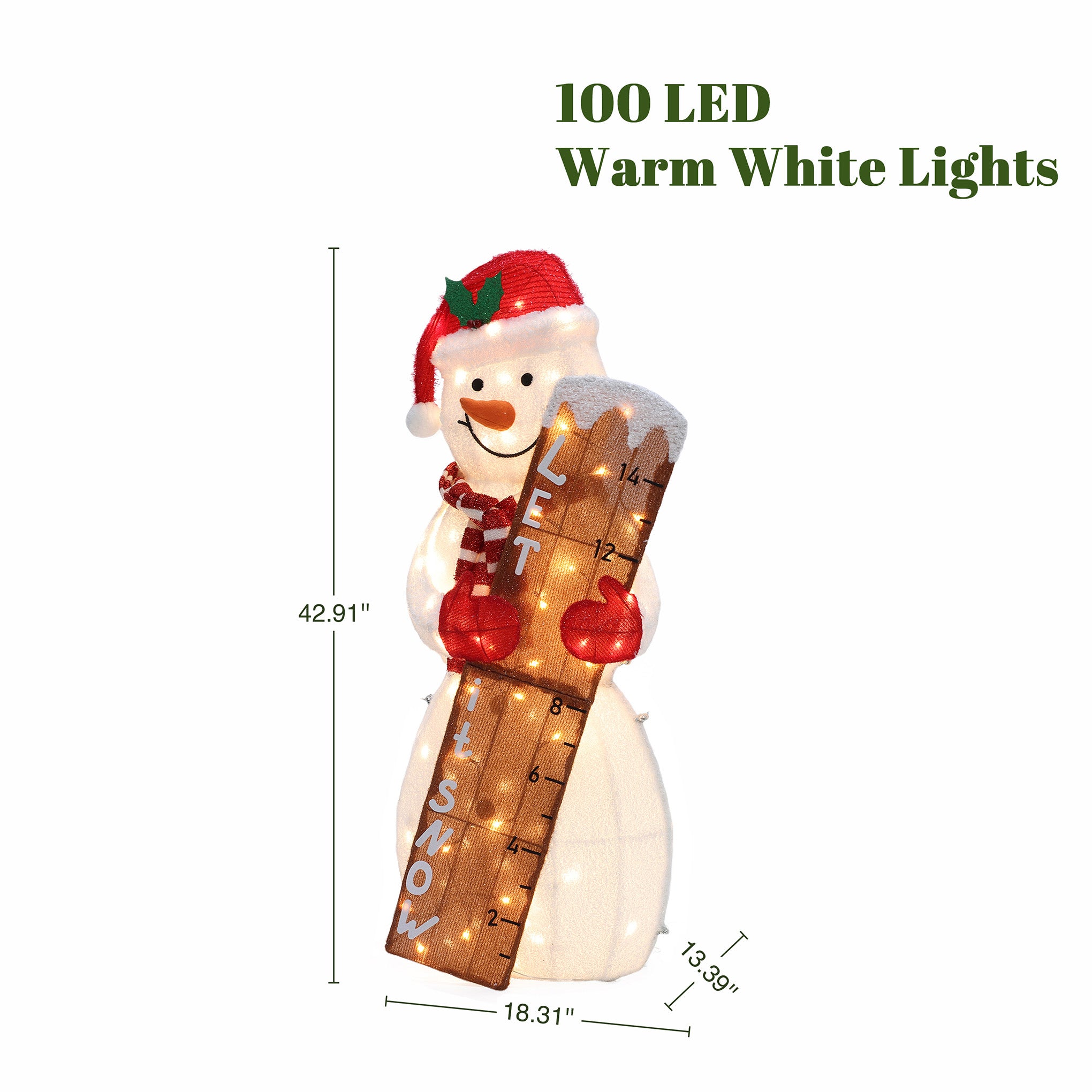 Light up your yard with this Snowman Outdoor Holiday Decoration, featuring a Let it Snow measuring stick, Santa hat and scarf, and 100 LED Warm White Lights—a charming lighted display for festive yard holiday decor.
