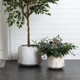 Light grey ribbed stone-effect MgO short planters, set of 2