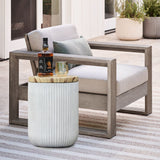 Fluted cement outdoor end table with faux wood top