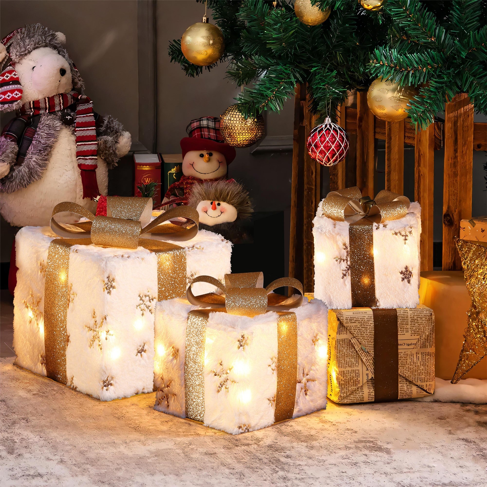 Light-up-Christmas-white-and-gold-present-decorations-perfect-for-indoors