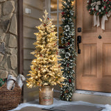5ft Pre-Lit LED Artificial Flocked Slim Fir Christmas Tree with Metal Pot and Red Holly Berries