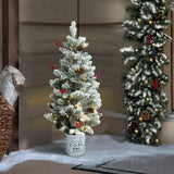 3Ft Pre-Lit Artificial Flocked Pine Christmas Tree with Pine Cones, Berries, and Metal Pot