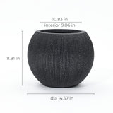 This modern, round black textured planter is crafted from durable polyethylene, making it perfect as an indoor outdoor planter. With dimensions of 11.81 inches tall, a 14.57-inch diameter, a top opening of 10.83 inches, and a 9.06-inch interior, its both functional and stylish for any space.