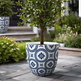 Blue & white flower pattern round tapered planter, 14" h