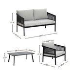 This outdoor conversation set includes a sofa, armchair, and table, all crafted with black steel frames. The sofa and chair boast light cushions for comfort, while the tables design is simple and flat. Ideal for any patio or garden space, this set blends style with functionality effortlessly.