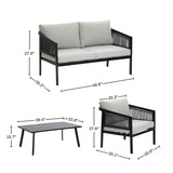 This outdoor conversation set includes a sofa, armchair, and table, all crafted with black steel frames. The sofa and chair boast light cushions for comfort, while the tables design is simple and flat. Ideal for any patio or garden space, this set blends style with functionality effortlessly.