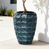 Tall Ceramic Planter Pot for Indoor Outdoor Plants with Drainage Hole, Blue 14''
