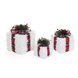 Christmas White Feathery Gift Box  Decor with Lights - Set of  3