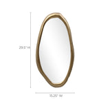 An elegant wall mirror featuring an irregularly shaped golden frame. Dimensions: 29.5 inches in height and 15.25 inches in width, making it a stunning gold wall mirror that adds a touch of sophistication to any space.