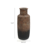 The Brown Ombre Terracotta Tall Vase by LuxenHome is a minimalist, tall vase with a rough brown finish, measuring 14.8 inches in height and 6.3 inches in diameter—an ideal home accessory for any setting.