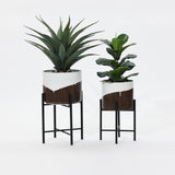 White and brown metal indoor planters with stand, set of 2