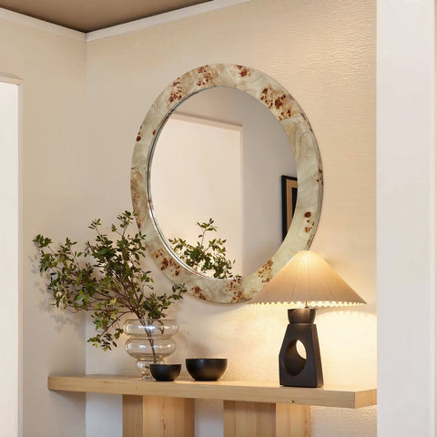 Burl finish wood frame round wall mirror