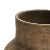 The close-up showcases the rim of LuxenHomes 13.2 brown ombre terracotta round vase. Its textured, handcrafted surface and earthy tones enhance its vintage charm, emphasizing the curved form and natural color variations as a decorative piece.