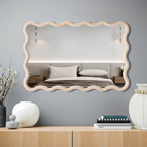 Scalloped wood frame rectangle accent wall mirror