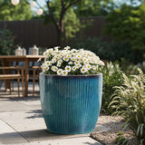 Large Round Plant Pots with Vertical Line Texture, Modern Blue Ceramic Planter 11.8'' Dia