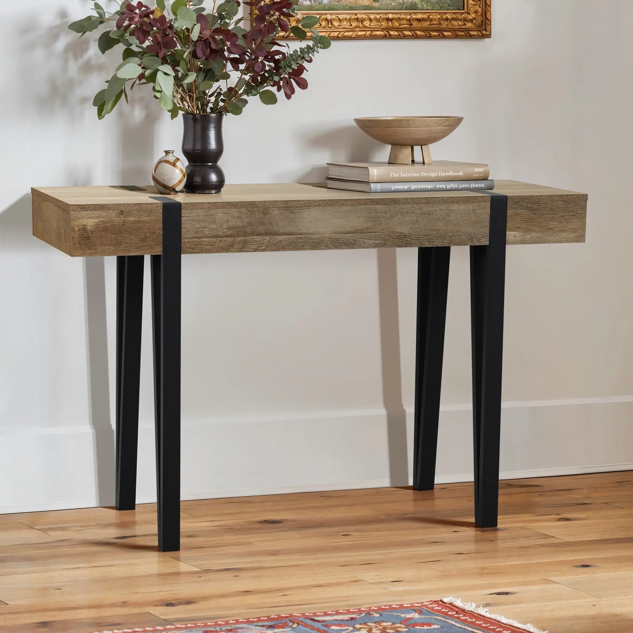oak finish MDF wood black metal console entry table