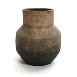 The LuxenHome Brown Ombre Terracotta Round Vase, standing 13.2 inches tall, features a wide neck and narrow base with a slightly textured finish. Its earthy brown gradient makes it an ideal decorative piece against a plain white background.