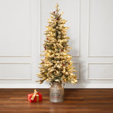 5ft Pre-Lit LED Artificial Flocked Slim Fir Christmas Tree with Metal Pot and Red Holly Berries