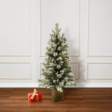 4Ft Pre-Lit LED Battery-Operated with Timer Artificial Flocked Fir Christmas Tree with Square Planter