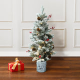 3Ft Pre-Lit Artificial Flocked Pine Christmas Tree with Pine Cones, Berries, and Metal Pot