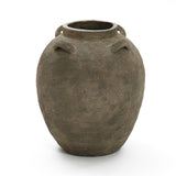 The LuxenHome Rustic Brown Terracotta Cauldron Vase, standing 15.4 inches tall, features a rounded shape with a wide opening. Its textured earthy surface and small side handles beautifully contrast against a plain white background, exuding natural elegance.