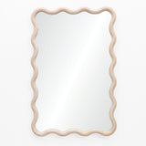 Decorative wall mirror featuring a rectangular design with a wavy, natural wooden frame in a light pine wood finish against a white background.